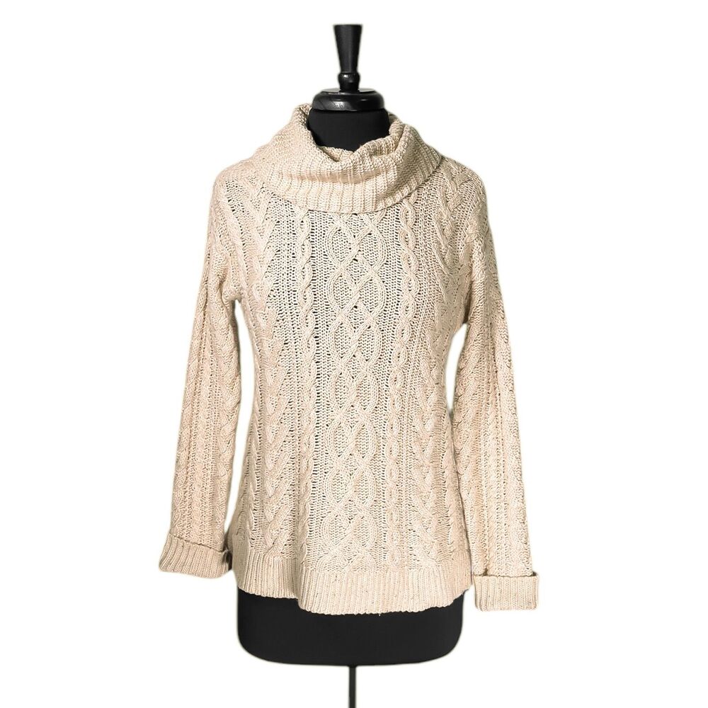 Ralph Lauren Womens Sweater Beige Cable Knit Preppy Old Money Knit Turtleneck PS